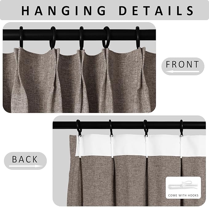 Macochico 100% Blackout Light Coffee Linen Curtains 84 Inches Long Pinch Pleated Burlap Curtains for Bedroom Living Room Farmhouse Nursery Thermal Window Panels with Tieback 72”Wx84”L 1 Panel