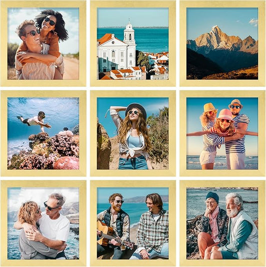 Vittanly 8x8 Picture Frames Set of 9, Shatter Resistant Plexiglass, Display 4x4 Pictures with Mat or 8x8 without Mat, Photo Frames for Wall Mount, Engineered Wood, Gold