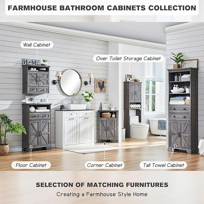 Bathroom Wall Cabinet, Farmhouse Medicine Cabinet, 24" Wide Cabinet with Drawer, Adjustable Shelf, Double Barn Doors, Storage Cabinet for Bathroom, Kitchen, Living Room, Grey Wash