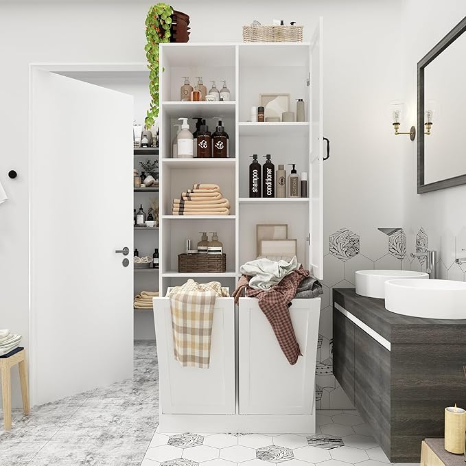 ECACAD Tall Bathroom Storage Cabinet with Shelves and Tilt-Out Laundry Hampers, Freestanding Floor Cabinet for Living Room, Bedroom & Kitchen, White (31.5”W x 13.8”D x 78.7”H)