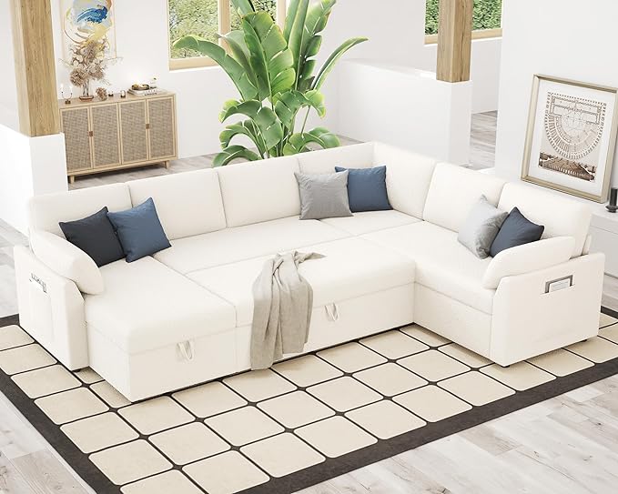 VanAcc Pull Out Sofa, 112 Inch Oversized U Shape Sleeper Sofa Couch with Storage Chaise & 3 Seater, Comfy Couch with Pull Out Bed for Living Room, White Boucle