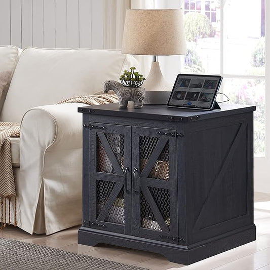 JXQTLINGMU Farmhouse End Table, 24" Large Sofa Side Table with Charging Station, Mesh Barn Door, and Adjustable Storage Shelf, Rustic Wood Square Nightstand for Living Room, Bedroom, Office, Black