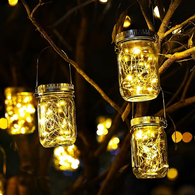 Cooo 9 Pack Solar Lanterns Outdoor Waterproof Upgraded Crystal Glass Solar Mason Jar Lights 30 LED 215% Larger SolarPanel, Anti-Rust Lid Hanging Outdoor Lanterns for Patio Garden Porch