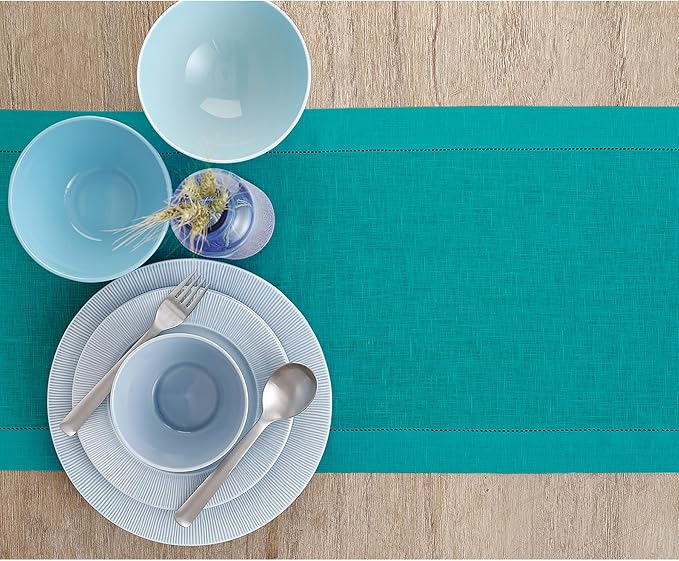 Solino Home Linen Table Runner 120 Inches Long - 100% Pure Linen Teal Table Runner 14 x 120 Inch for Fall, Autumn, Thanksgiving - Classic Hemstitch