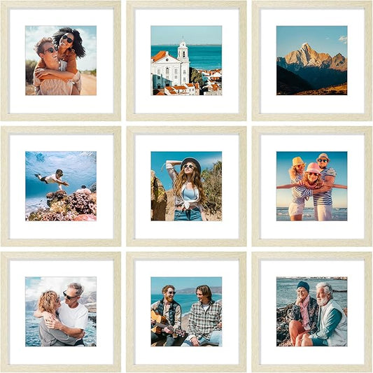 Vittanly 12x12 Picture Frames Set of 9, Shatter Resistant Plexiglass, Display 8x8 Pictures with Mat or 12x12 without Mat, Photo Frames for Wall Mount, Engineered Wood, Cornsilk