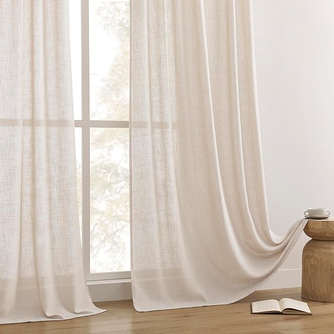 Joydeco Linen Curtains for Living Room,Semi Sheer Drapes Window Long Curtains 72 inches Long Pink Beige