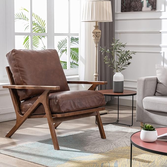 Wahson Brown Leather Accent Chair - Mid Century Modern Retro Upholstered Armchair with Wood Frame and Removable PU Cushions - Large Compfy Leisure Slipper Chair for Living Room/Bedroom (Set of 2)