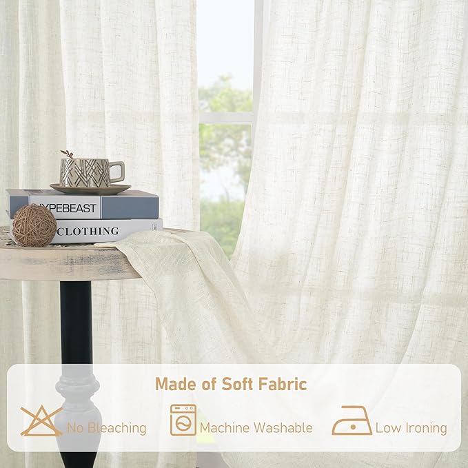 LAMIT Light Filtering Sheer Linen Curtains 84 inches Long, Linen Textured Semi Sheer Bronze Grommet Natural Boho Drapes for Living Room/Farmhouse/Bedroom, 2 Panels, Cream, 60 x 84 Inch