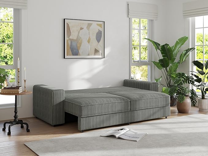 91-Inch Corduroy Pull Out Couch with Storage, Convertible Queen Sleeper Sofa with Pull Out Bed, Hide a Bed Couches for Bedroom, Guest Room, Apartment, Small Places, RV (Grey)