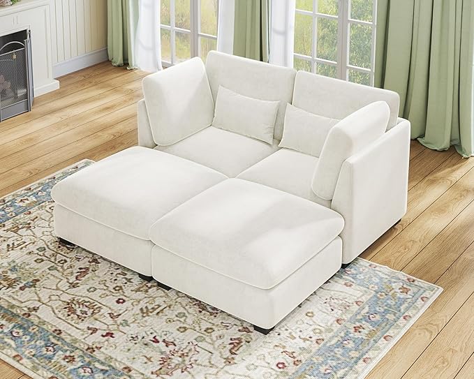 Oversized Modular Sofa, Extra Deep Cloud Chenille Sectional Couch with Ottoman Chaise, Fluffy Chenille 2 Seater Sofa Bed for Living Room, Villa (Sofa Bed 4 Seater, Chenille White)