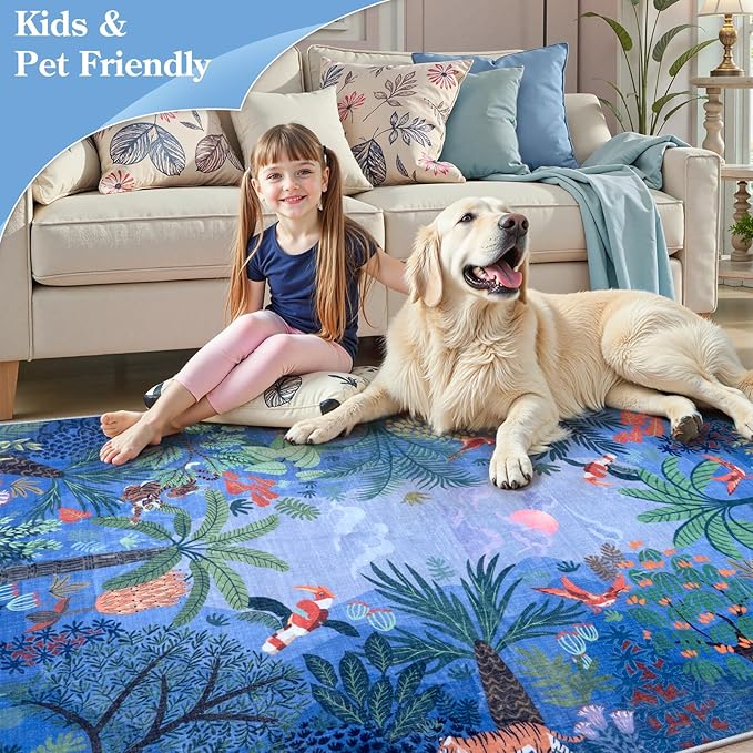 LIVEBOX Jungle Animal Print Dining Room Rugs for Under Table, Soft Modern Rug for Living Room, Washable Kids Rugs for Boy Bedroom, Non-Skid Blue Kids Carpet Playmat Rug for Play