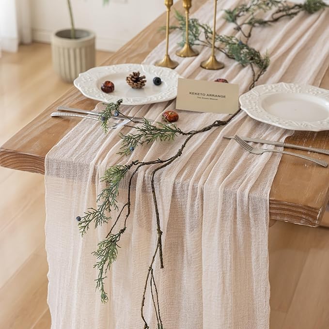 3Pcs Beige Gauze Rustic Cheesecloth Table Runner 120 Inch 10 FT for Wedding Baby Shower Bridal Shower Birthday Engagement Garden Outdoor Party Long Sheer Boho Decorations