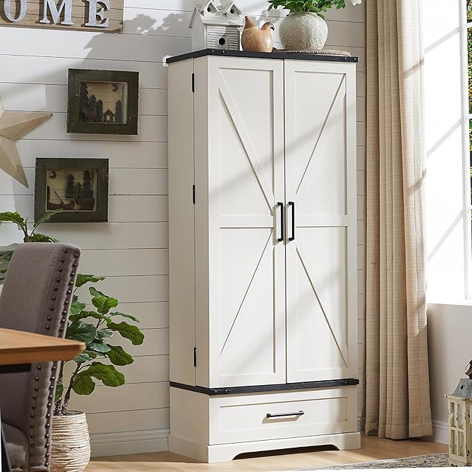 72" Farmhouse Kitchen Pantry Cabinet with Drawer, Tall Storage Cabinet with 2 Barn Doors and Shelves, Versatile Large Rustic Cupboard for Dining Room, Bathroom, Living Room, Laudry, White
