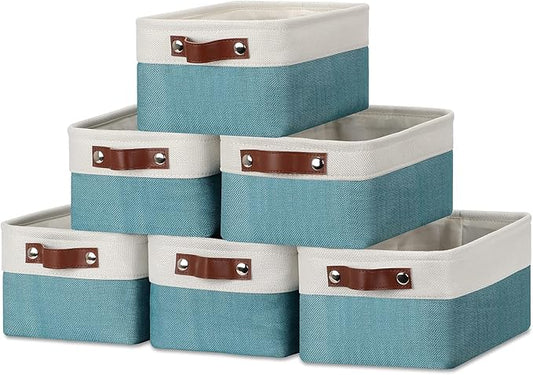 DULLEMELO Storage Baskets Bins for Organizing, Small Fabric Baskets for Shelves, Closets, Nursery, Home, Office, Empty Gift Baskets (6-Pack, White&Teal)