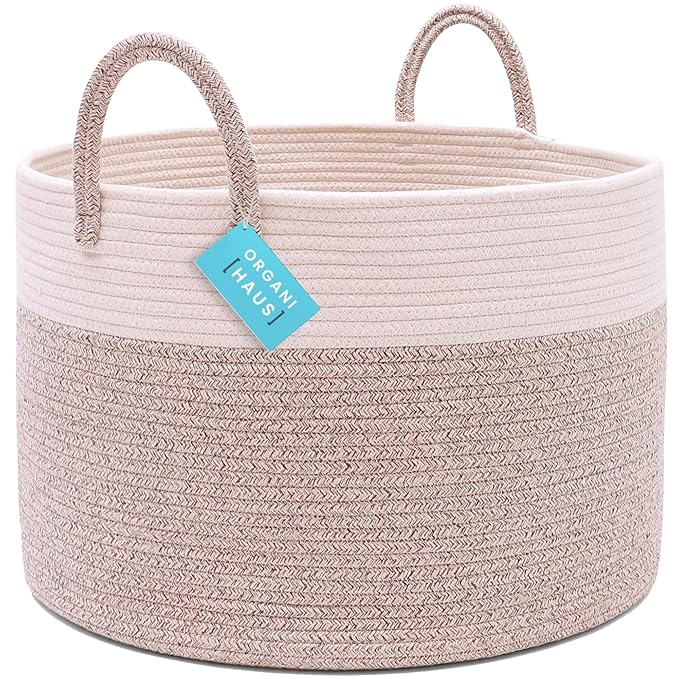 OrganiHaus Woven Laundry Basket, Large Cotton Rope Blanket Holder with Handles, Soft & Sturdy Nursery Hamper, Decorative Toy Bin for Living Room Organization 20x13 inches - Brown/Off-White