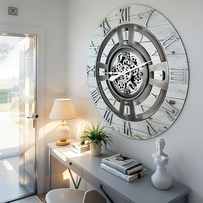 The Gears Clock Real Moving Gear Wall Clock England Line (White Farmhouse, 24 inches (60 cm))