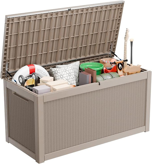 260 Gallon Large Resin Deck Box, Lockable Outdoor Storage Box for Patio Cushions Storage Furniture,Garden Tools, Pool Supplies, Weatherproof and UV Resistant- Grey Rattan (260 Gallon)