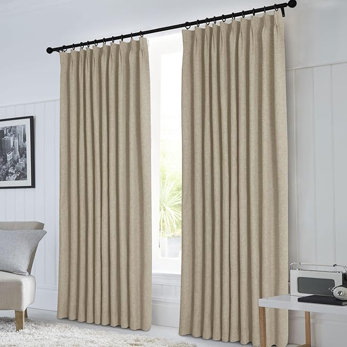 Macochico 100% Blackout Pinch Pleated Linen Curtains 84 Inch Length Thermal Blackout Curtains for Bedroom Living Room Nursery Light Khaki Farmhouse Burlap Curtains with Tieback 52”Wx84”L 1 Panel