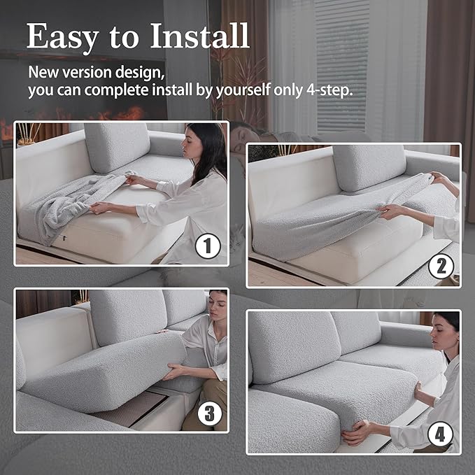 Couch Cushion Covers for Sectional Sofa, Stretch Soft Sofa Slipcovers Washable Wear-Resistant Universal Furniture Protector for Living Room(3 Seaters Covers+1 Chaise Cover, Light Gray)