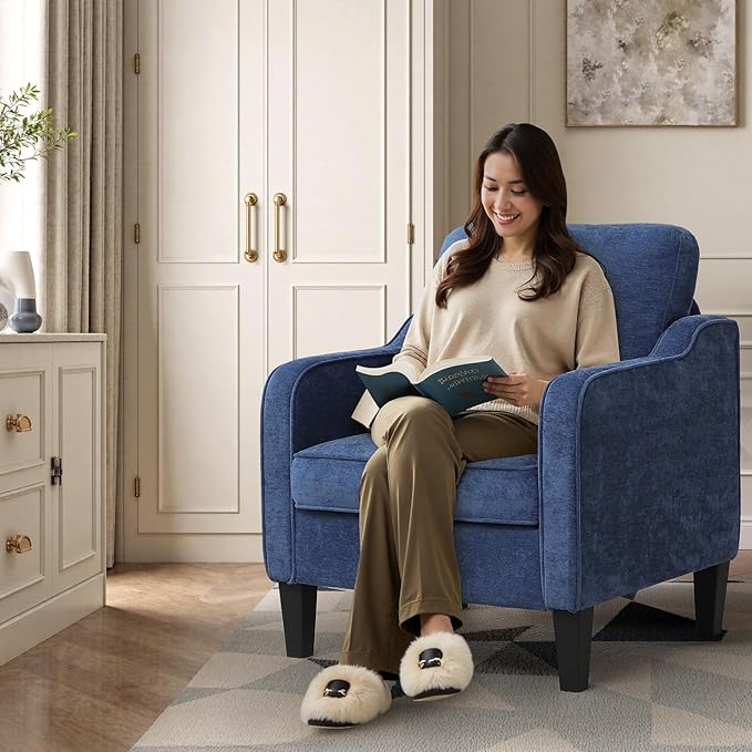 Accent Chair for Living Room, Mid Century Modern Reading Chair for Bedroom, Upholstered Armchair with Side Pockets, Comfy Single Sofa Side Chair for Office, Apartment, Small Room, Blue