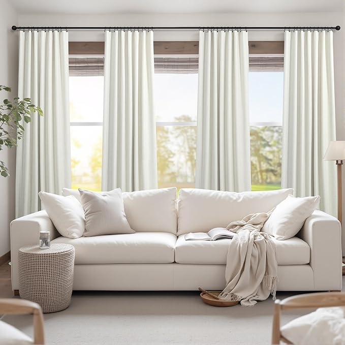 Elegant Natural Linen Blackout Curtains 120 Inches Long 2 Panels Set for Bedroom Extra Wide Large Window Back Tab Pocket Ceiling Sliding Glass Patio Door Drapes 10 ft Thermal Insulated Cottage Core