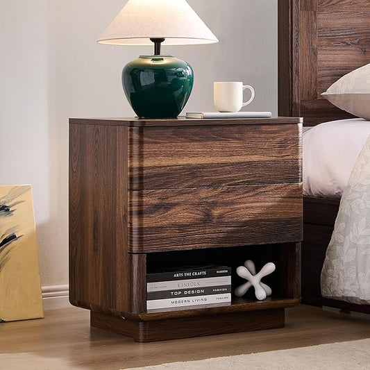 Nightstand with Charging Station, 22" Push-to-Open Bedside Table with 2 Storage Drawers, Large Modern End Table for Bedroom,Living Room,Brown