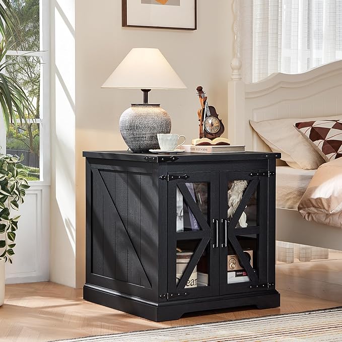 24" End Table with Charging Station, Farmhouse Night Stand with Glass Barn Door, Black Nightstands with Adjustable Storage Shelf, Large Wood Square Bed Side Table for Living Room,Bedroom