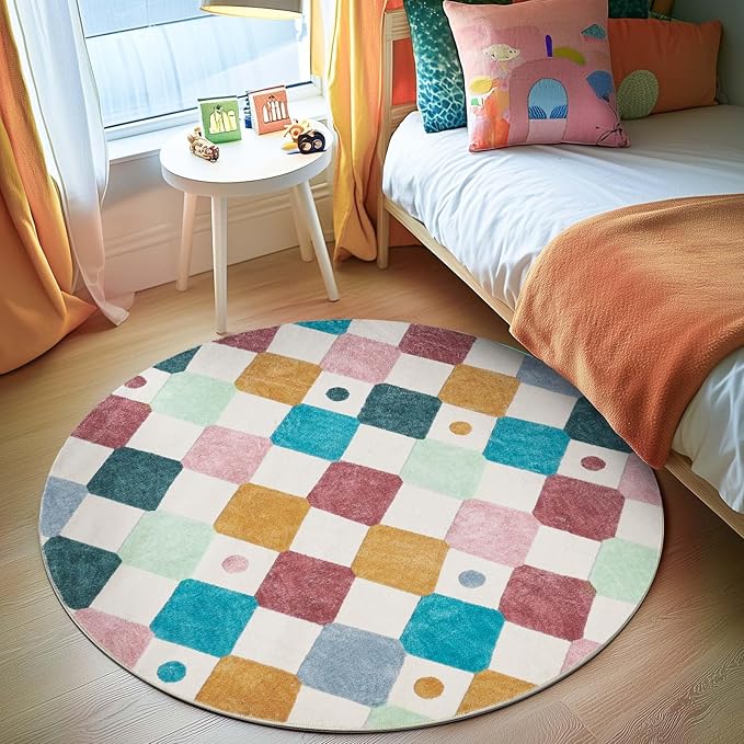 jinchan Round Rug 4ft Kids Washable Rug Indoor Floor Cover Non-Slip Soft Modern Elementary School Classroom Colorful Diamond Carpet for Nursery Daycare Bedroom Playroom Living Room Confetti on Cream