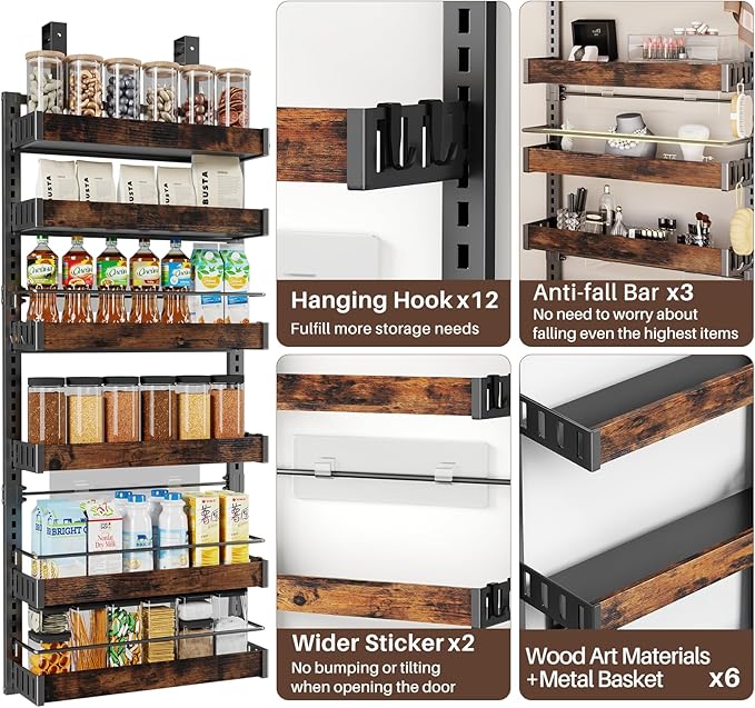 6 Tier Over The Door Pantry Organizer, 2 IN 1 Wall Mount or Metal Hanging Spice Rack for Pantry Organizers and Storage, Seasoning Shelves，Adjustable Basket with Hooks for Kitchen, Bathroom,Laundry