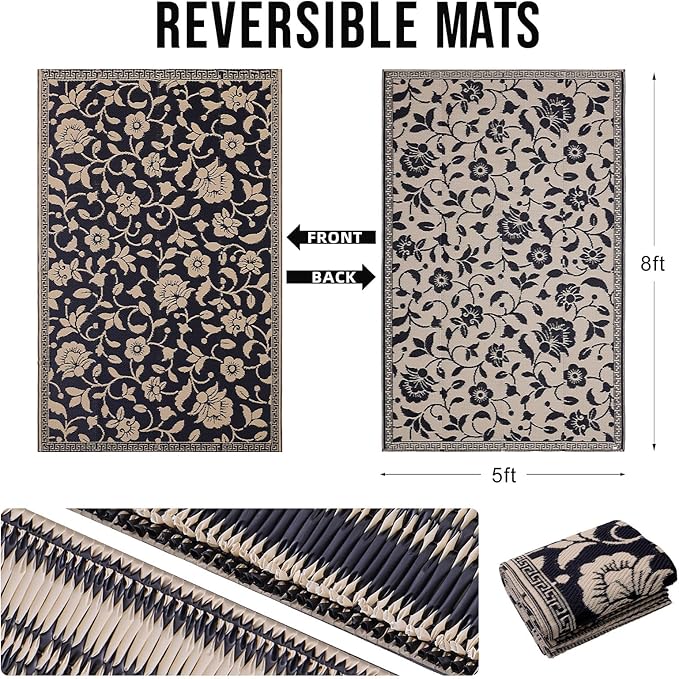 OLANLY Waterproof Outdoor Rug 5x8 ft, Outdoor Plastic Straw Rug with Flower Pattern, Reversible RV Mat for Patio, Camping, Balcony, Deck, Backyard, Black & Beige