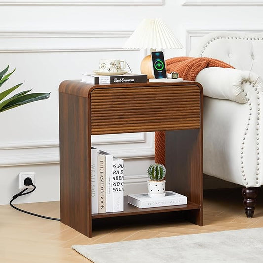 Fluted Nightstand with Charging Station, Mid Century Modern Bed Side Table End Table with Drawer Storage, Large Wooden Night Stands Bedside for Bedroom Living Room Sofa Office, Walnut
