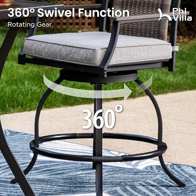 PHI VILLA 3 PCS Patio Bar Set, Bar Height Chair with 3.5" Thicker Cushion & Retro-Metal Square Table,Sturdy and Durable,Outdoor Height Bar Dining Set for Poolside,Yard