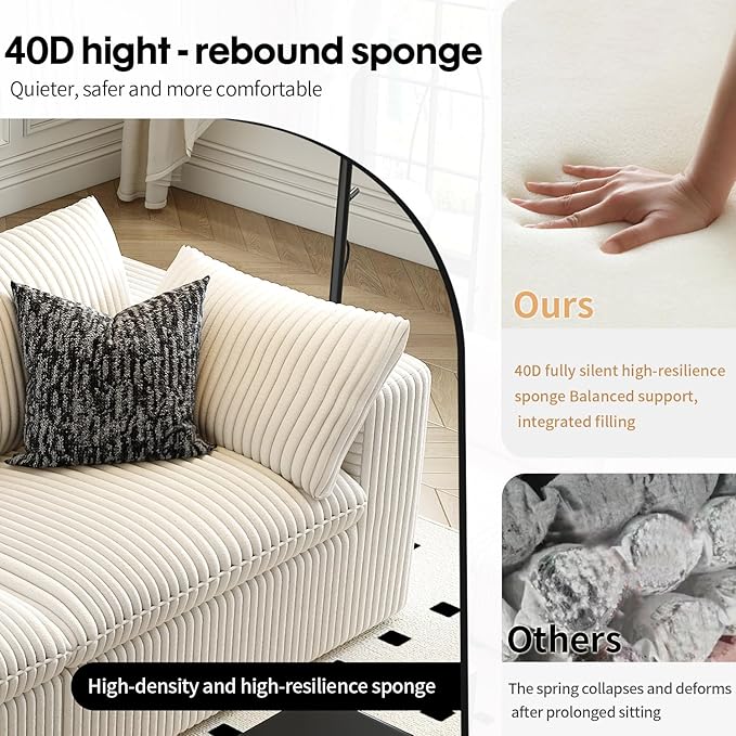 LoveSeat Cloud Couch Modular Sectional Sofa for Living Room,Modern Sofa with Deep Seat，2 Seater Boneless Couch,Comfy Upholstered Corduroy Couches for Apartment, Studio, Office,Bedroom，White