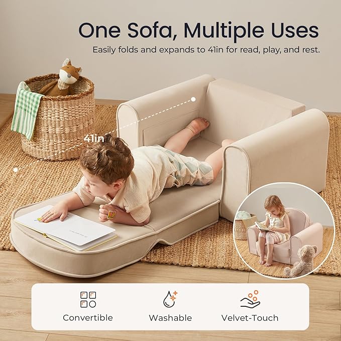 Tiny Land 2-in-1 Foldable Kids Couch with Pockets – Soft Thick Toddler Sofa, Lounger Couch, Convertible Kids Chair for Playroom, Bedroom or Living Room, Gift for Boys & Girls(Beige)