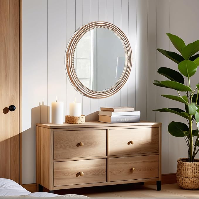 24 Inch Rustic Round Mirror - Farmhouse Vintage Bathroom Vanity Mirror, Wall-Mounted Round Mirrors for Bathroom Sink, Bedroom & Living Room and Framed Decorative Restroom Mirror