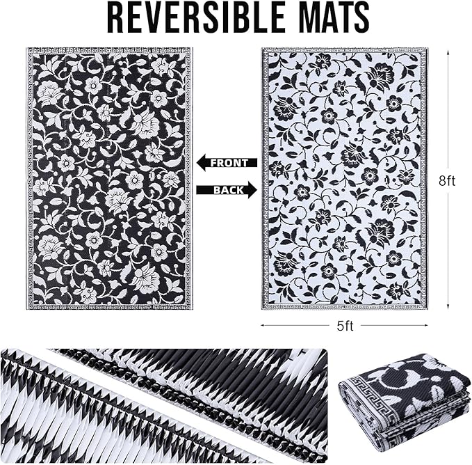 OLANLY Waterproof Outdoor Rug 5x8 ft, Outdoor Plastic Straw Rug with Flower Pattern, Reversible RV Mat for Patio, Camping, Balcony, Deck, Backyard, Black & White