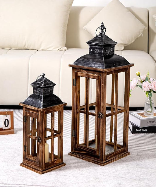Large Farmhouse Decorative Wooden Lanterns Set of 2, Rustic Burnt Wood Floor Lanterns, Indoor/Outdoor Hurricane Lanterns for Home Decor (No Glass)