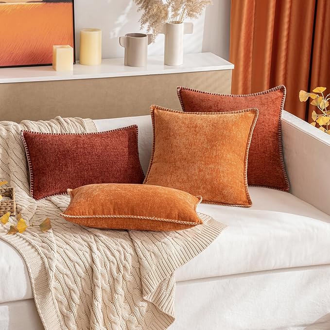 MIULEE Pack of 2 Fall Couch Throw Pillow Covers 12x20 Inch Burnt Orange Farmhouse Decorative Pillow Covers with Stitched Edge Soft Chenille Solid Dyed Pillow Covers for Sofa Bed Living Room