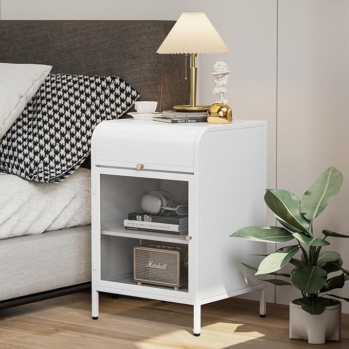 Modern Metal Side Tables Set of 2, End Tables with Glass Door, 2-Tier Nightstands with Storage Shelves, Accent Table, Slim Sofa Table for Living Room, Bedroom (White)