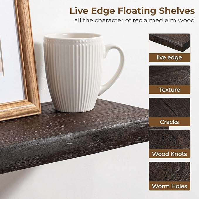 Axeman 24 inch Floating Shelves for Wall - 8'' D Live Edge Rustic Solid Elm Wood Floating Shelves Wall Mounted, Wall Shelves with Invisible Bracket for Living Room Bedroom Kitchen, Set of 2 Walnut