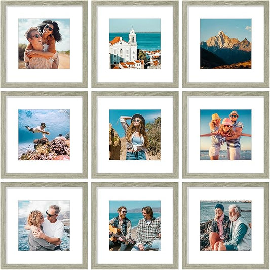 Vittanly 12x12 Picture Frames Set of 9, Shatter Resistant Plexiglass, Display 8x8 Pictures with Mat or 12x12 without Mat, Photo Frames for Wall Mount, Engineered Wood, Driftwood
