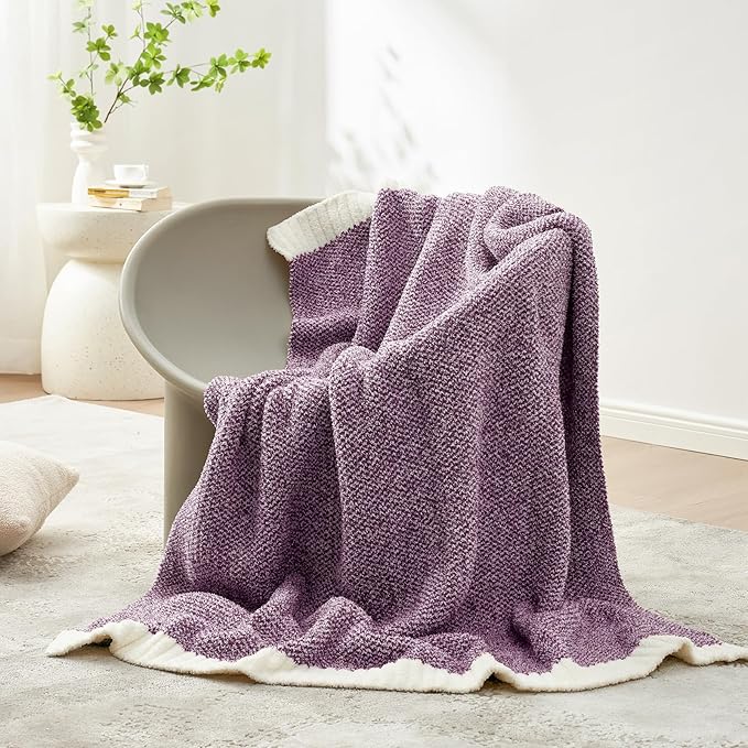Snuggle Sac Purple Reversible Super Soft Blanket Twin Size for Bed and Sofa, Warm Cozy Knit Blankets Fuzzy Plush, Heather Purple, 60x80 inches