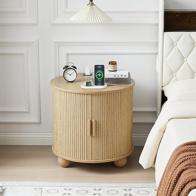 AVZEAR 24" Large Round End Table with Charging Station, Farmhouse Fluted Sofa Side Table with Sliding Tambour Door & Storage, Mid-Century Wood Nightstand for Living Room, Bedroom, Natural