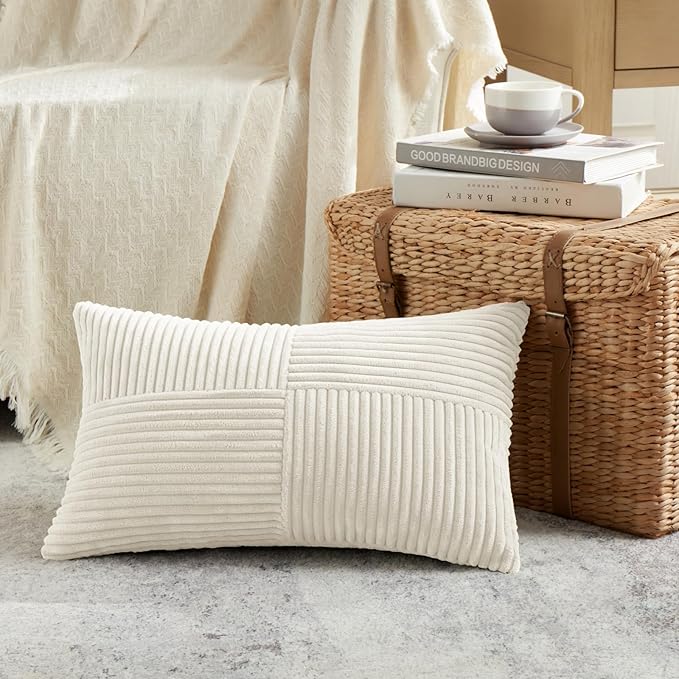 Fancy Homi 2 Packs Cream Lumbar Decorative Throw Pillow Covers 16x32 Inch for Living Room Couch Bed Sofa, Rustic Farmhouse Boho Home Decor, Soft Striped Corduroy Rectangle Accent Cushion Case 40x80 cm