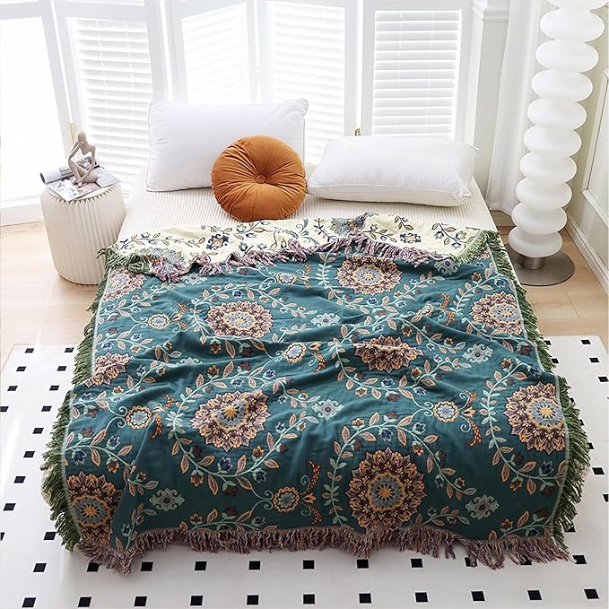 Snycler Boho Throw Blanket for Bed - 100% Cotton Ultra Soft Rustic Quilt - Blue Green Floral Printed Farmhouse Decor Bed Blankets, 60"×80" All Season Rustic Throw for Sofa Couch Chair