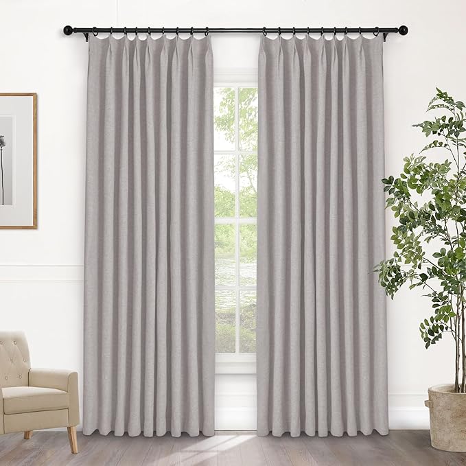 Macochico 100% Blackout Pinch Pleated Linen Curtains 84 Inch Length Thermal Blackout Curtains for Bedroom Living Room Nursery Browish Grey Farmhouse Burlap Curtains with Tieback 52”Wx84”L 1 Panel