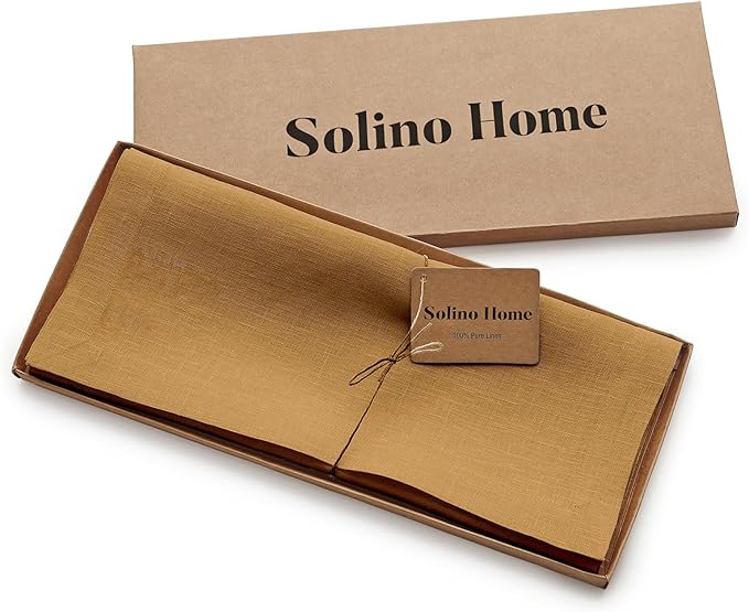 Solino Home Linen Caramel Table Runner 132 Inches Long - 100% Pure Linen Extra Long Table Runner 14 x 132 Inch for Fall, Autumn, Thanksgiving - Fete
