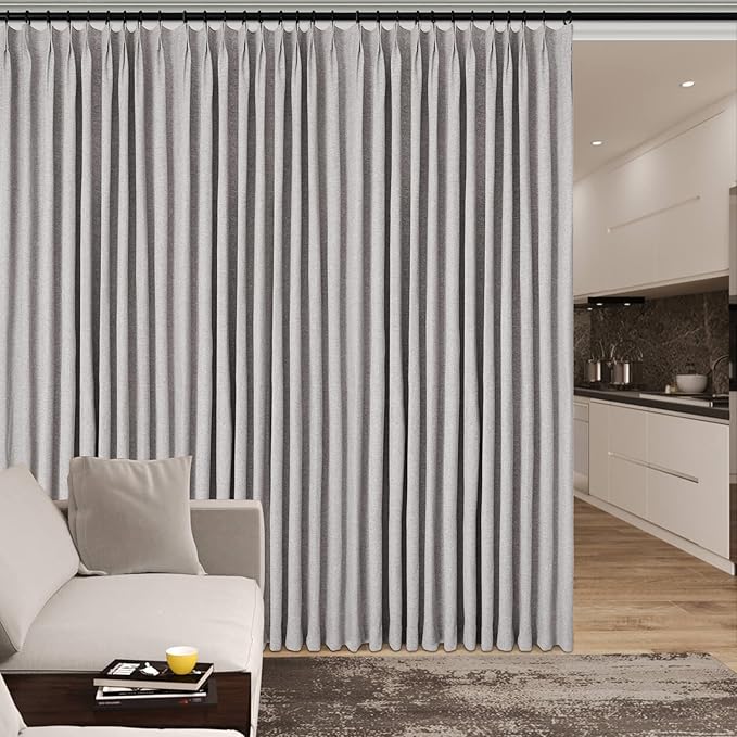 Browish Grey Pinch Pleat 100% Blackout Drapes Linen Blend, Room Divider, Room Darkening, Energy Saving, Furniture Protecting, Light Blocking Extra Wide Privacy Curtains, 200Wx102L, 1 PC