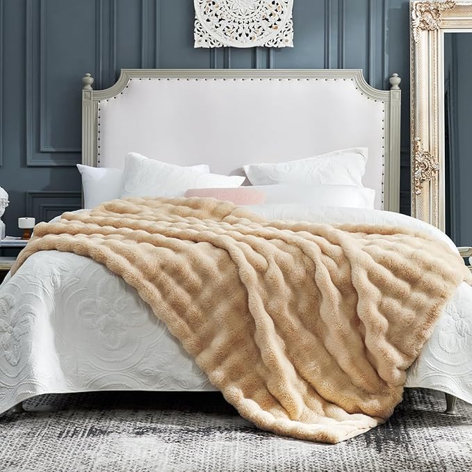 Cozy Bliss Faux Fur Throw Blanket for Couch, Fuzzy Soft Plush Thick Bubble Blanket for Sofa Bedroom Living Room, 60 * 80 Inches Beige