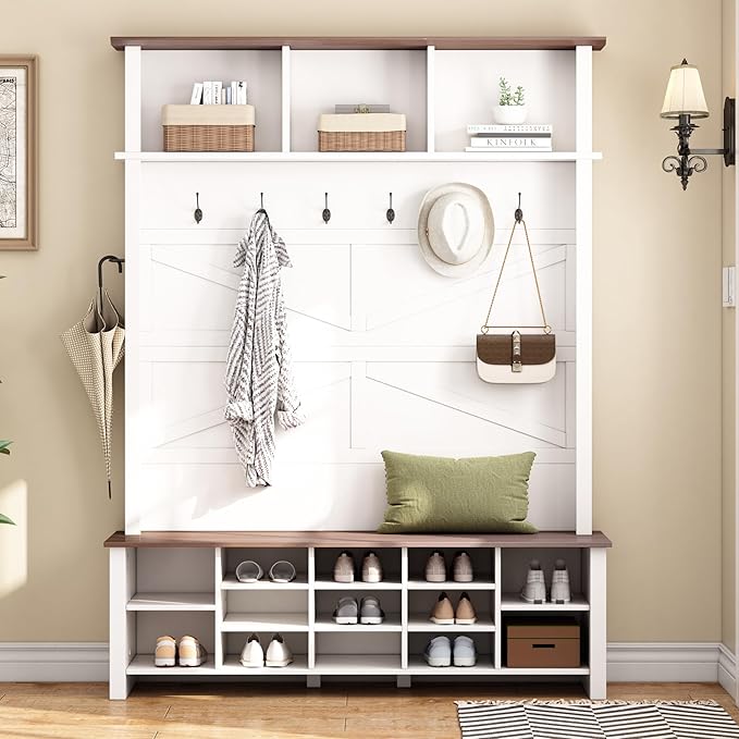 Ball & Cast 4-in-1 Hall Tree with 6 Hooks,Walnut Entryway Bench with Adjustable Shelves,Rustic Shoe Organizer with 16 Open Compartments,for Mudroom,Living Room,Hallway,White